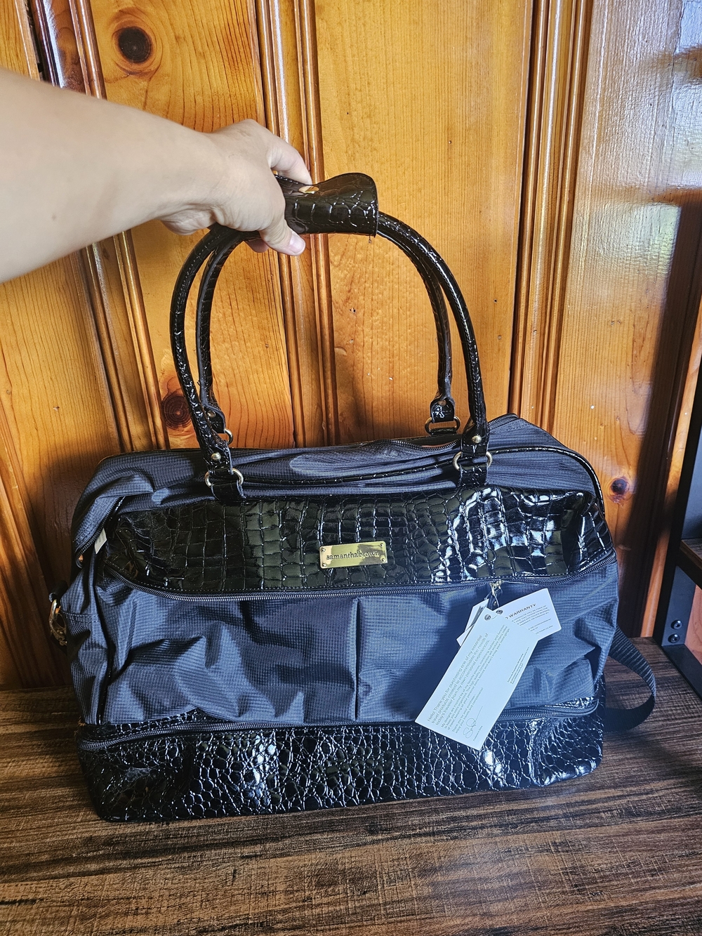 Black Travel Tote Bag with Croc-Texture Trim